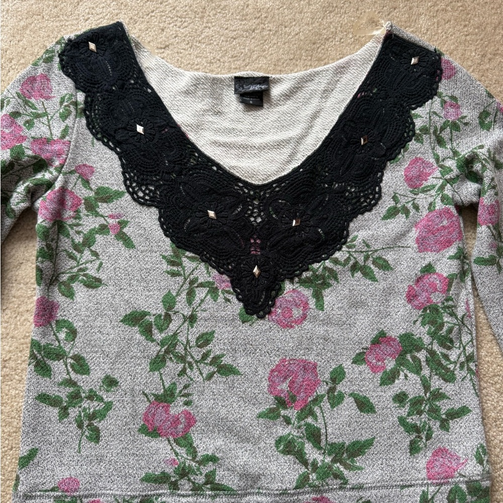 Floral Sweater with Black Lace Detail